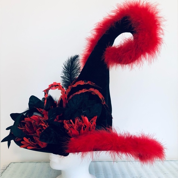 Witch hat, black satin Green sparkles, extra large, green butterfly & spiders OS - Picture 10 of 15